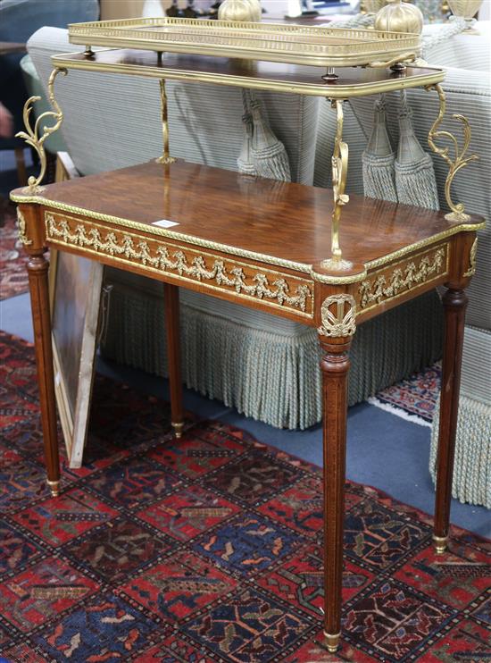 A Louis XVI style parquetry two tier etagere, with detached tray top, W.84cm